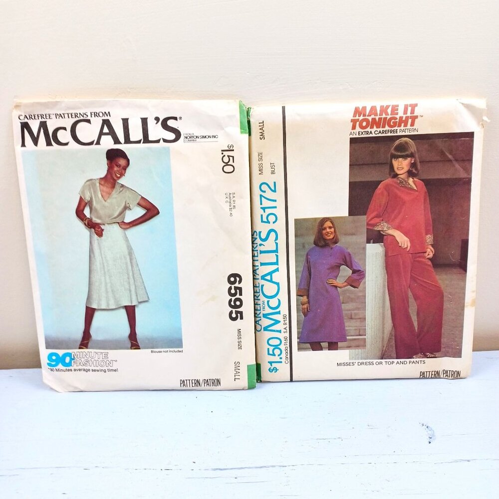 Vintage McCalls Sewing Patterns 6595 & 5172 For Misses Dress Skirt Top & Pants S